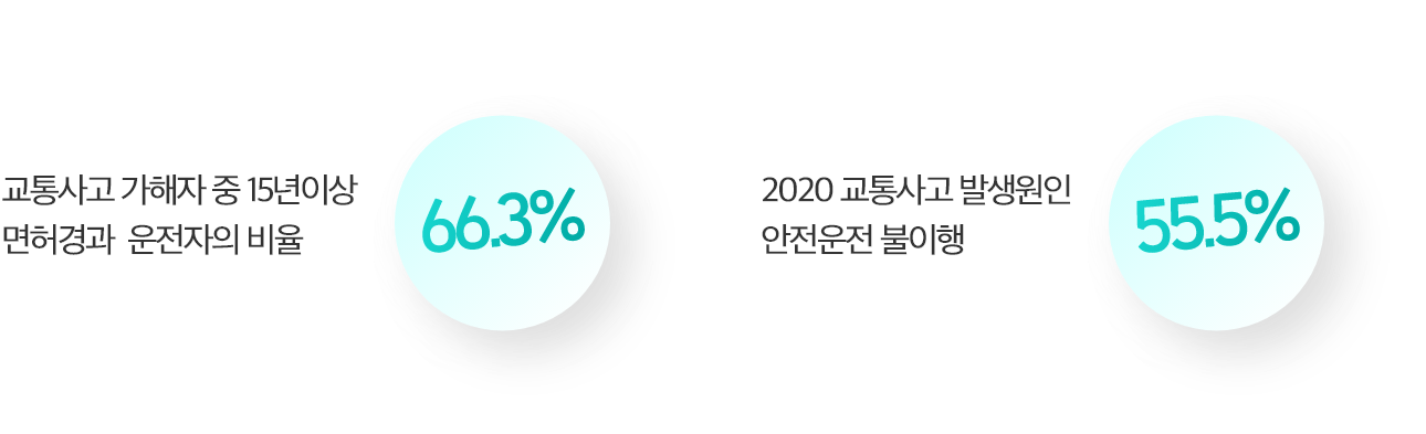 교통사고 가해자 중 15년이상 면허경과 운전자의 비율 66.3%
            2020 교통사고 발생원인 안전운전 불이행 55.5%