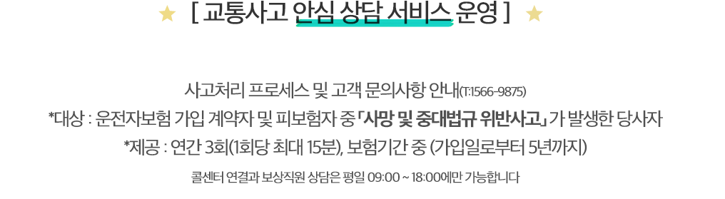 업계최초 교통사고 안심 상담 서비스 운영
            ※23.213 이후 운전자보험 가입자부터 적용
            사고처리 프로세스 및 고객 문의사항 안내(T:1566-9875)
            *대상 : 운전자보험 강비 계약자 및 피보험자 중 「사망 및 중대법규 위반사고」가 발생한 당사자
            *제공 : 연간 3회(1회당 최대 15분), 보험기간 중 (가입일로부터 5년까지)
            콜센터 연결과 보상직원 상담은 평일 09:00 ~ 18:00에만 가능합니다
