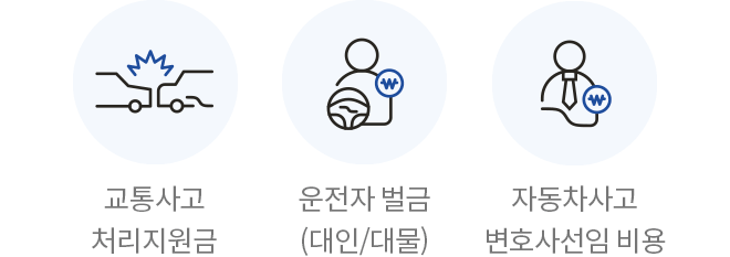 교통사고 처리 지원금, 운전자벌금(대인/대물), 자동차사고 변호사선임 비용